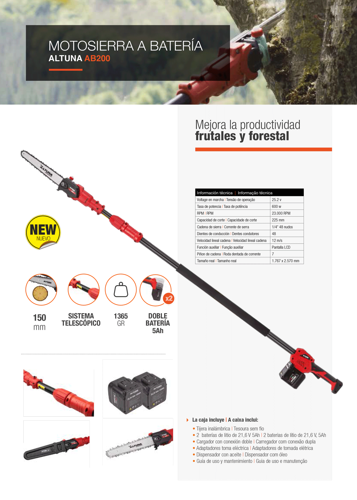 MOTOSIERRA PÉRTIGA A BATERÍA ALTUNA AB200 (150MM) I.V.A Y PORTES